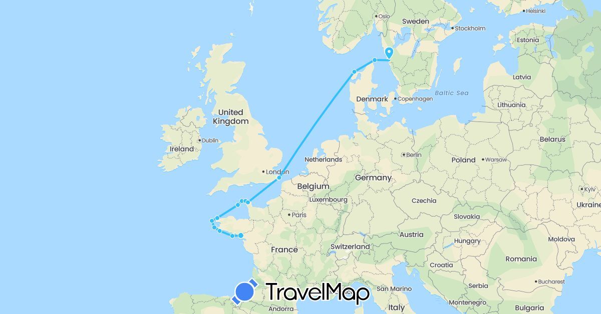 TravelMap itinerary: driving, boat in Denmark, France, United Kingdom, Guernsey, Sweden (Europe)